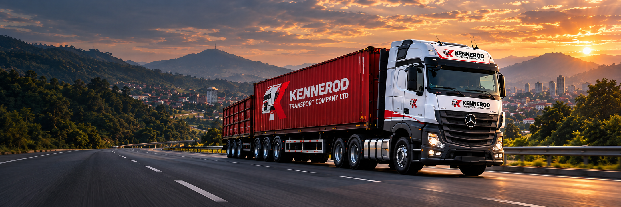 Kennerod silver truck hauling a red container along an African highway