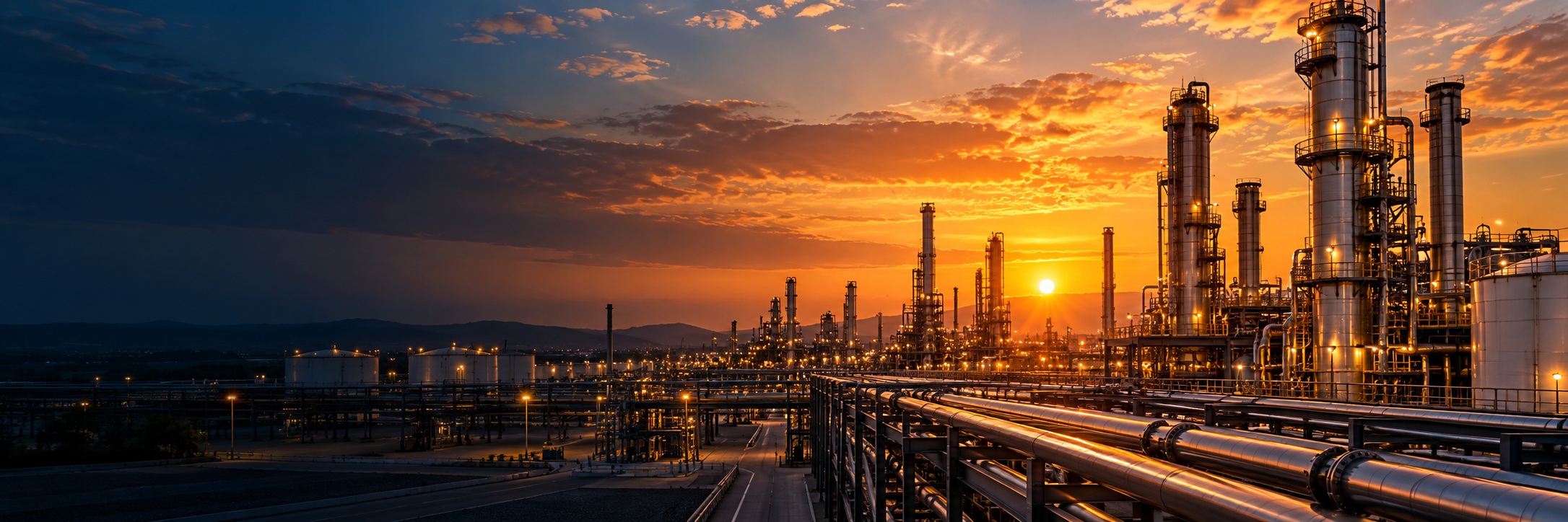 Industrial refinery towers and pipework at sunset