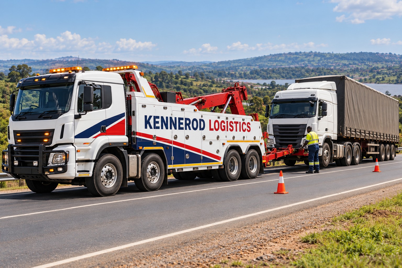 Branded Kennerod Logistics heavy recovery truck assisting a disabled semi-truck