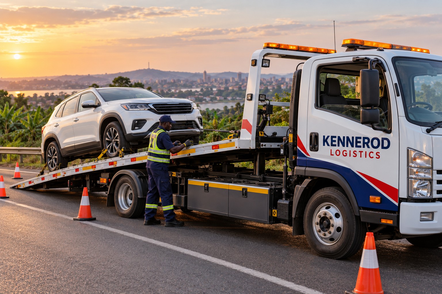 Branded Kennerod Logistics flatbed recovery truck loading a passenger vehicle
