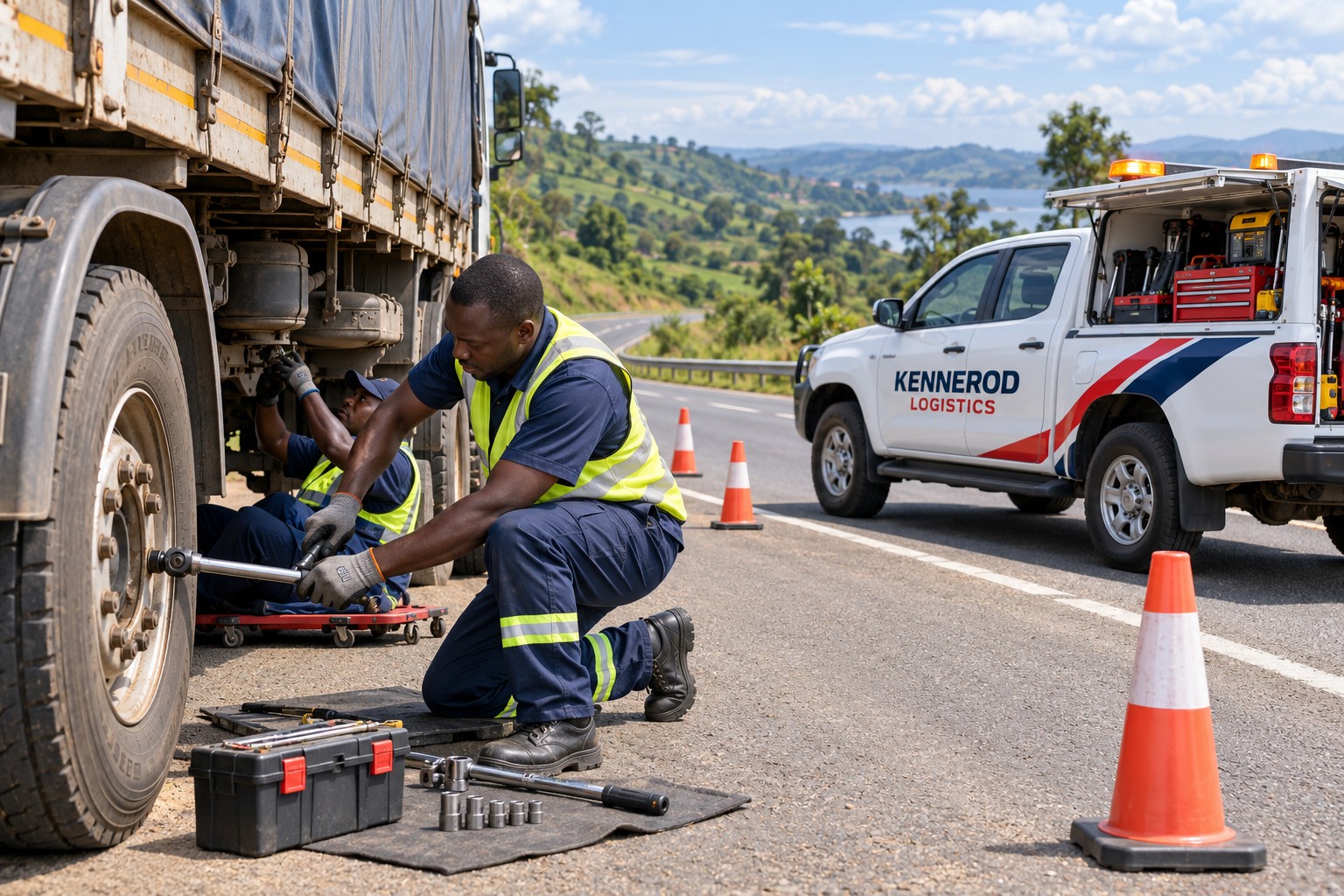 Kennerod Logistics mechanics carrying out roadside repairs on a commercial truck