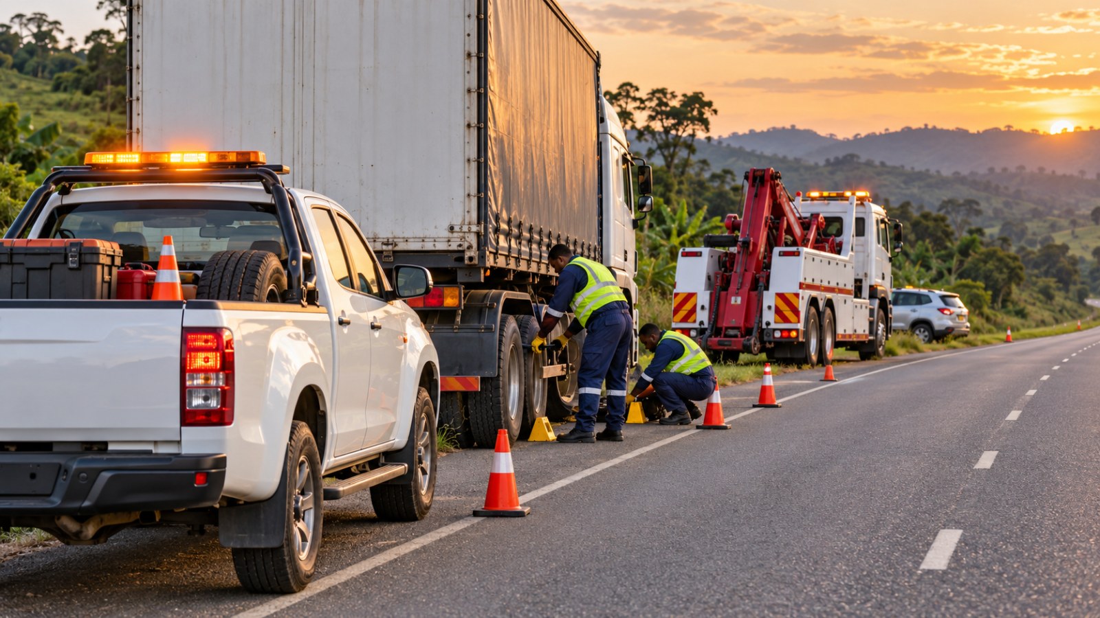 Roadside service pickup, mechanics and recovery truck supporting a heavy vehicle