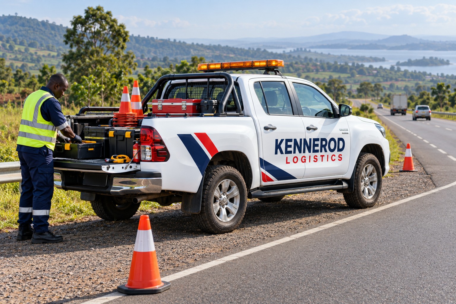 Branded Kennerod Logistics highway service pickup with roadside response equipment